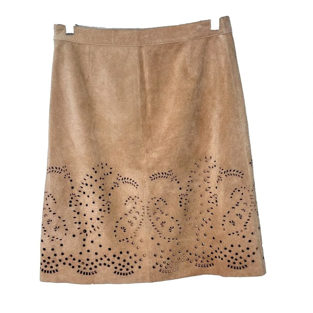 Theory Tan Suede Leather  Cut Out Skirt Size 2 Coastal‎ Cowgirl Festival Rodeo